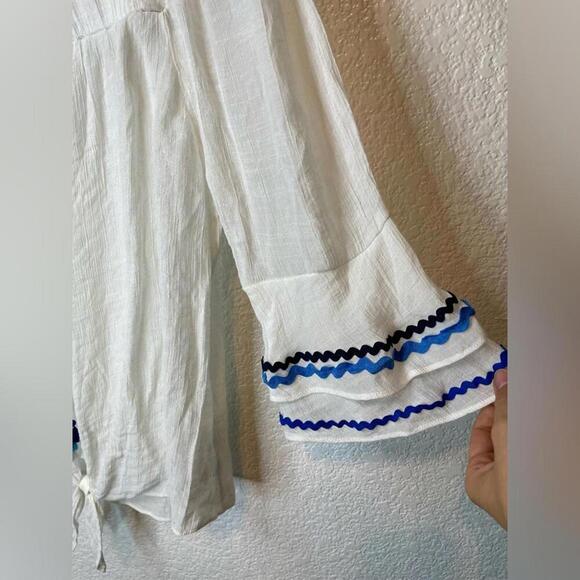I.N. Studio size PL white boho off shoulder tassel white blue shirt blouse - Picture 6 of 12